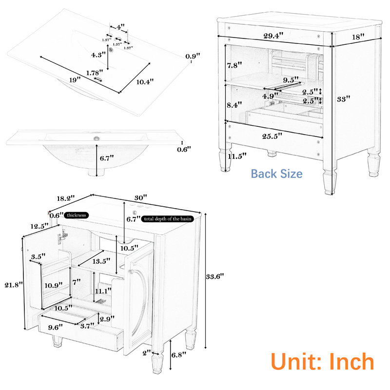 Meuble-lavabo de 30 pouces avec meuble-lavabo en céramique, Blanc