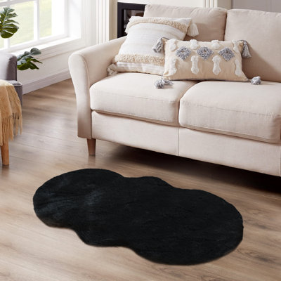 Hollianne Cozy Faux Rabbit Fur Area Rug Machine Washable Rug in Black