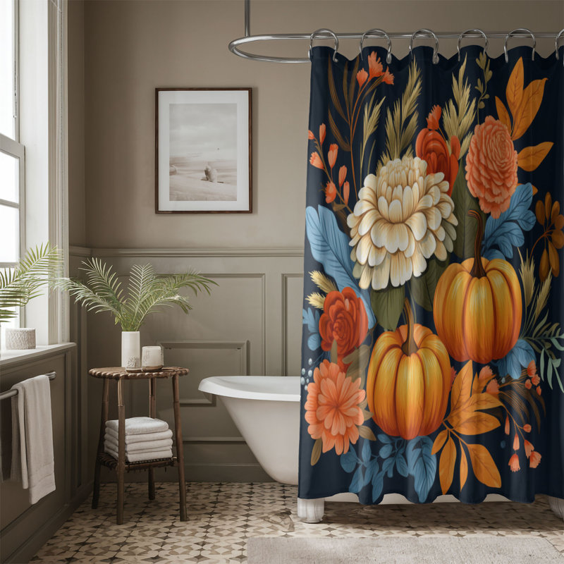 Elegant Pumpkin Floral - 1 Piece Standard Shower Curtain, 74"H x 71"W
