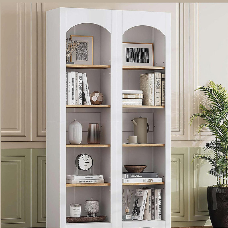 Free Standing 5 Tier Bookshelves, Bookcases Set of 2, Farmhouse Two-Tone Storage Cabinet with Adjustable Shelves, White