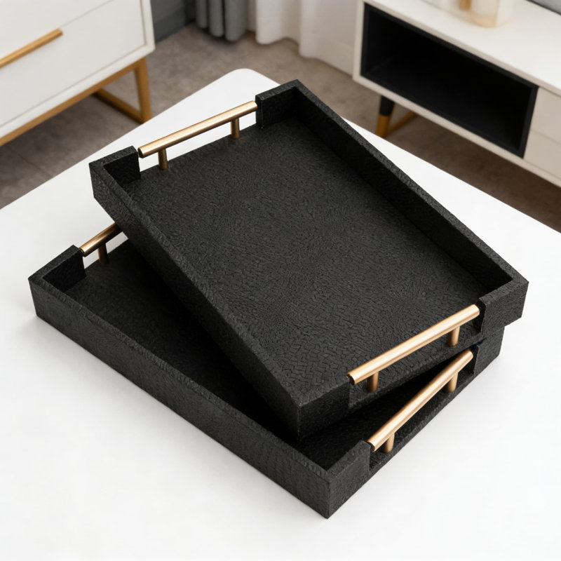 2-Piece Woven Leather Ottoman Tray Set With Gold Handles, Rectangular Decorative Serving Tray For Coffee Table, Living Room, And Home Decor