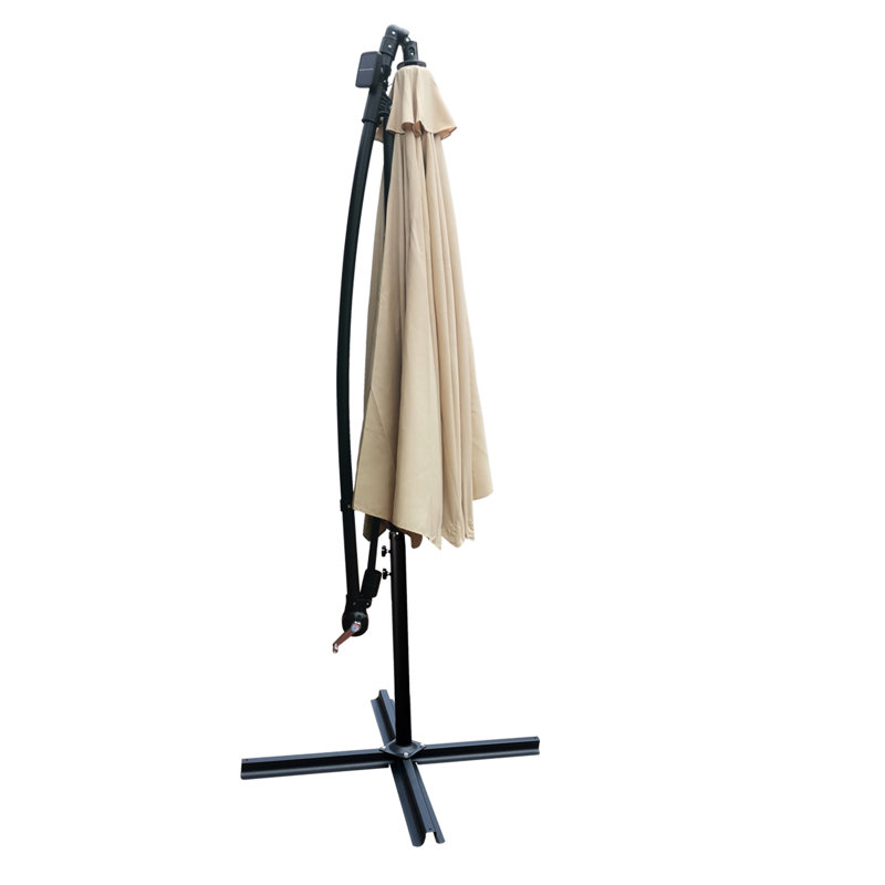 Parasol de patio brun clair de 10 pi avec lumières solaires - Rouille, 8 nervures, manivelle et base transversale pour terrasse de jardin, piscine extérieure, conduit, protégé, zone