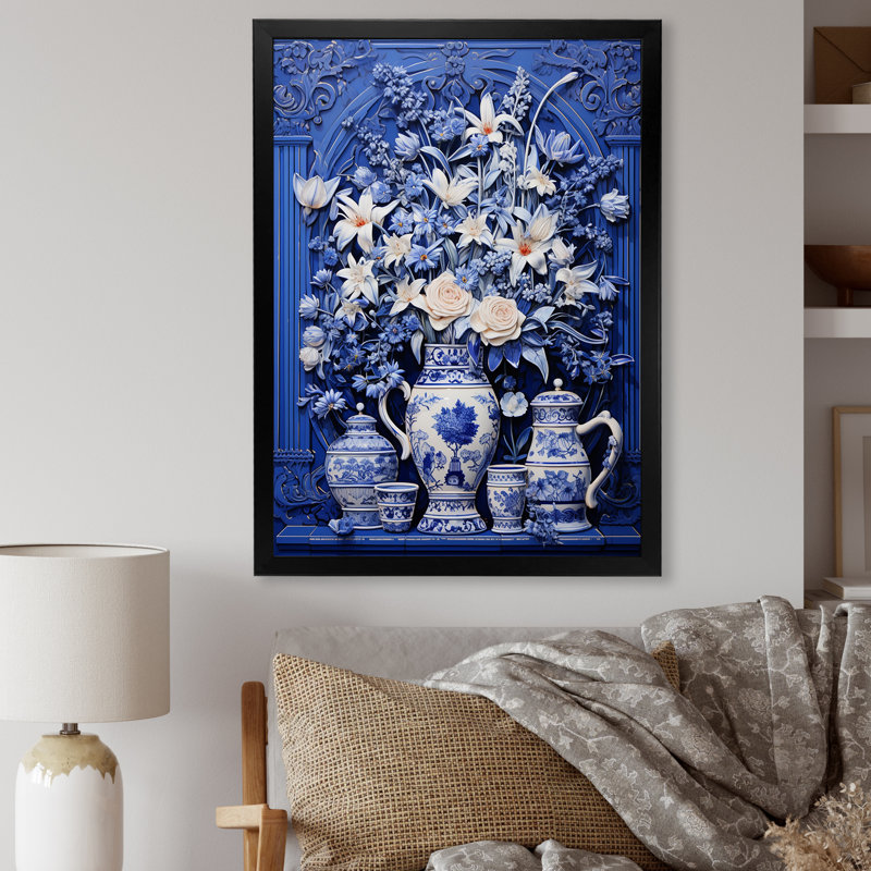 Bleu et blanc Boho Plant Pottery III - Boho Pottery, art mural, Cadre simple noir, H 20 po x l 12 po x P 1 po