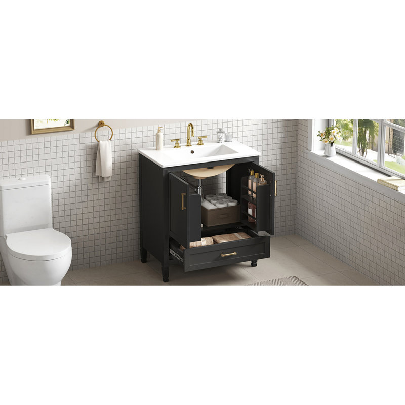 Meuble-lavabo cannelé élégant de 30 po avec lavabo en céramique, boîte simple, pieds en bois massif, portes et tiroir à fermeture en douceur, tablette de porte