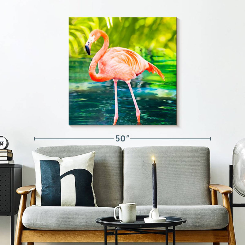 Flamant rose patauger dans l'eau, H 30 po x l 30 po
