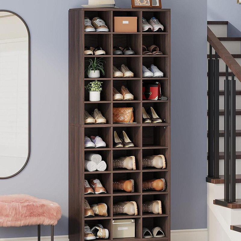 25.6 Inches 10-Tier Espresso  Wooden Shoe Storage Cabinet, Modern 30-Cubby Wooden Shoe Rack Organizer, Espresso