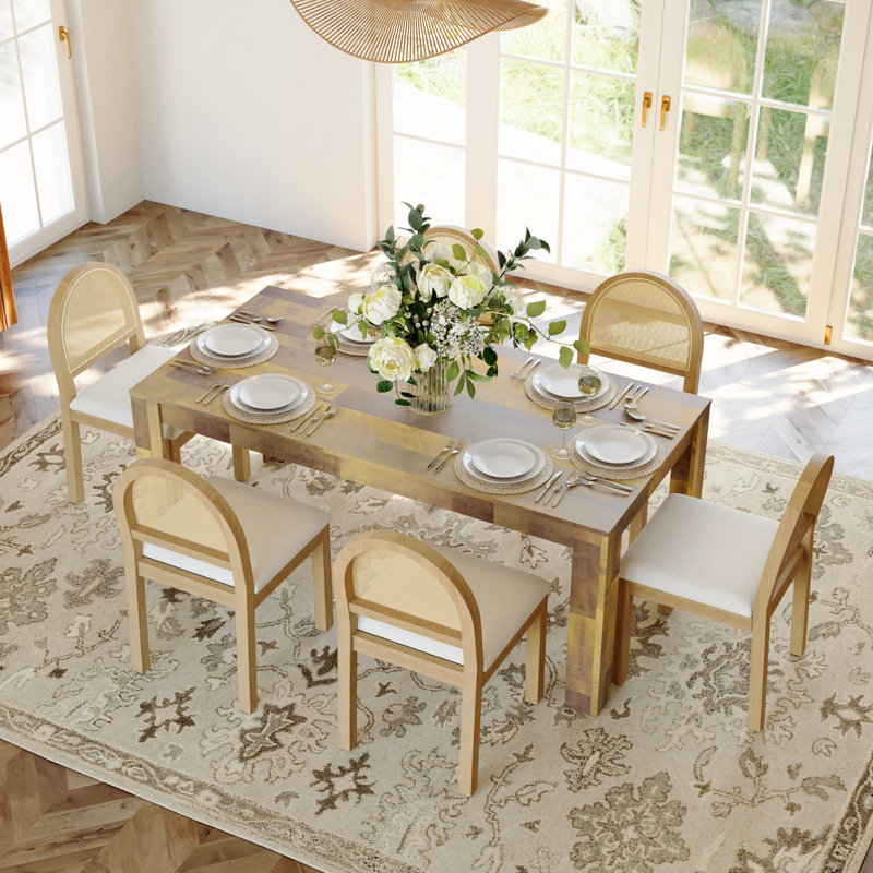 Dining Table Set With Rectangular Dining Table & Upholstered Chairs, 7 Pieces: Table, 6 Chairs, Brown