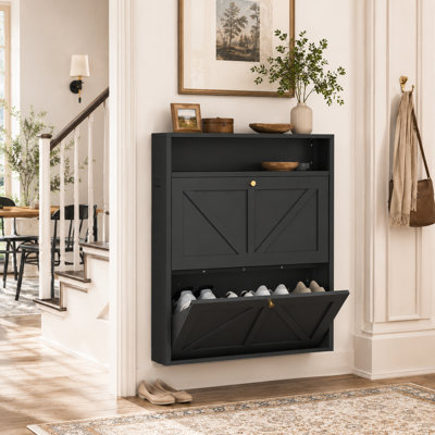 Armoire de rangement murale à chaussures mince en métal avec 2 tiroirs rabattables, étagère à chaussures étroite pour entrée, noir