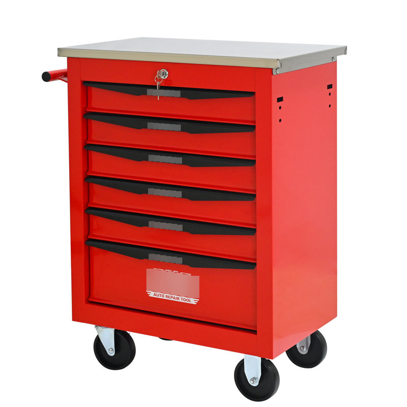 6 tiroirs, chariot à outils à roulettes, rangement en métal, volants, freins de stationnement, verrouillage à clé, glissières de tiroir d'une capacité de 15 kg, poignée à tirer, chariot de mobilité, atelier de réparation, verrouillable, amovible, -