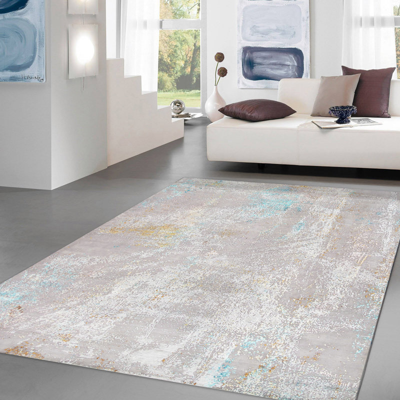 Hand Knotted Abstract Area Rug in Beige/Blue/Pink, Rectangle 10'3" x 14'3"