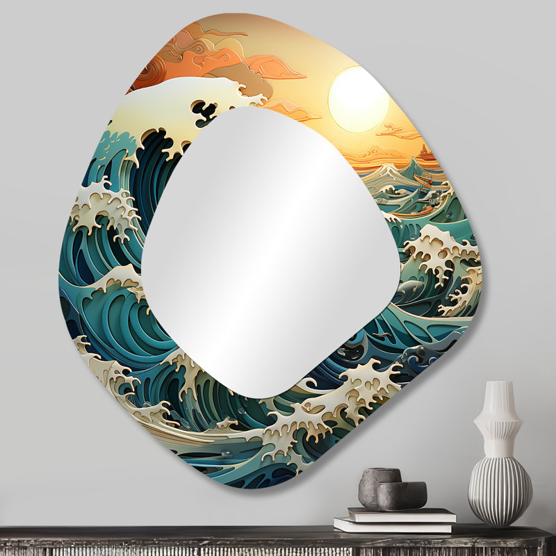 Westerham Ocean Charm Vivid Wood Cut Effect IV - grand miroir mural asymétrique océan, miroir unique de forme irrégulière bleue