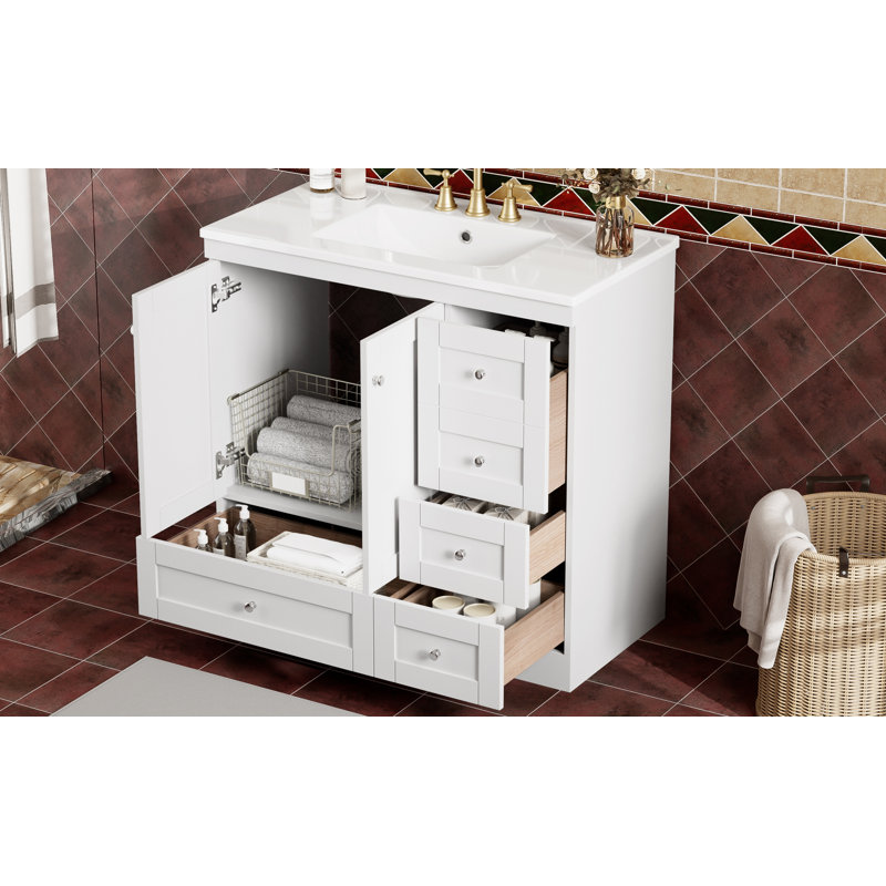 Armoire de salle de bain sur pieds 36 po avec lavabo en céramique, 4 tiroirs à fermeture en douceur et 2 portes à fermeture en douceur Shaker