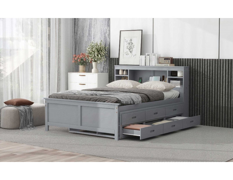 Lit plateforme double avec USB, 3 tiroirs et amp; Lit gigogne simple, sans sommier, gris, gris
