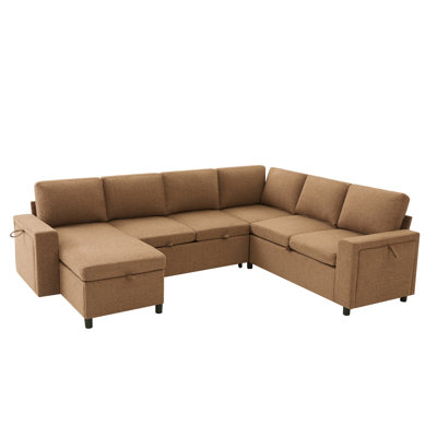 U-Shaped Convertible Sectional Sofa Bed with Storage, USB Charger & Cup Holders, Chenille Upholstered Sleeper Couch for Living Room, Brown