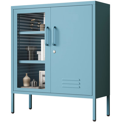 Blue Lockable Glass & Metal Door Storage Cabinet, 3-Tier Freestanding Locker Organizer with 2 Adjustable Shelves, Multipurpose Unit for Home, Entryway, Hallway, 33"H x 29.5"W x 13.8"D