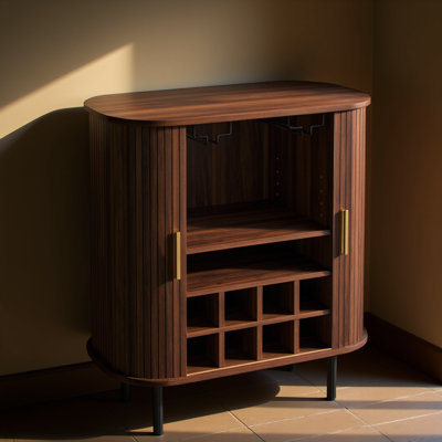 28" Fluted Wine Bar Cabinet with 8-Grid Wine Rack, 5-Level Adjustable Shelves, 2 Glass Holders, Smoothly Sliding Tambour Doors, 4 Hidden Storage Space on the Side, Modern Liquor Coffee Station, Walnut