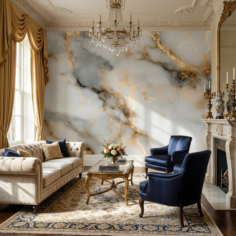 Marble Wallpaper Gold Veining Elegant Wall Mural, Non-Woven Nonpasted, 160" x 108"
