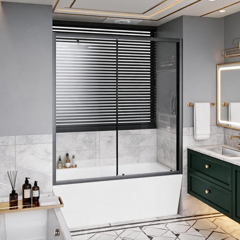 Porte de douche coulissante simple en acier inoxydable noir mat de 152 cm x 157 cm avec verre trempé transparent