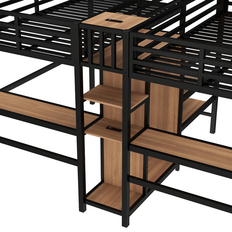 Lit mezzanine simple en métal avec bureau double, rangement et prises de courant, espace de réduction de bruit - Apparence au-dessus d'un lit simple, garde-robe, tablettes, prise électrique pour une recharge pratique, économie