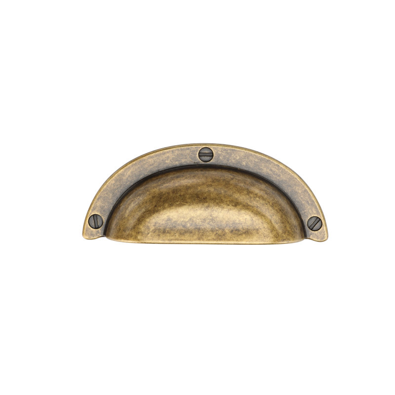 Classic Cup Bin Pull With Faux Screws, Distressed Brass