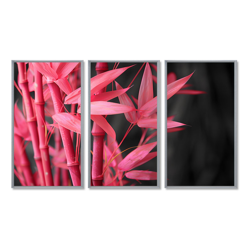 Ensemble de salon art mural bambou rose et noir, Encadrement argenté, H 28 po x l 36 po