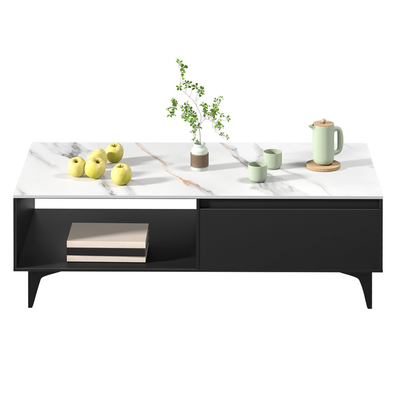 Table basse rectangulaire, tables basses modernes de 47 pouces pour le salon, table basse en faux marbre avec pieds en bois, meubles avec tiroir et tablette de rangement