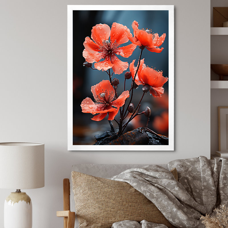 Corail, fleurs, coquelicot, noir, floral, salon, art mural, H 20 po x l 12 po x P 1 po, Cadre photo blanc