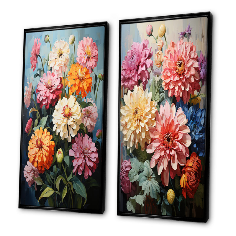 Ensemble de 2 décorations murales Zinnias Burst With Fierce Brushwork - Zinnias, Cadre noir, H 40 po x l 41 po