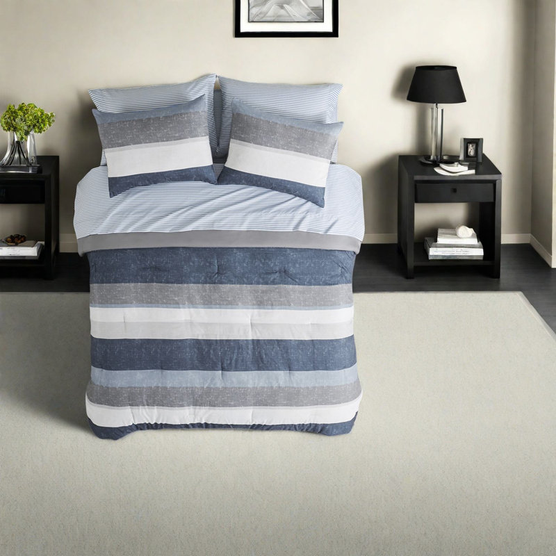 Modern Bedding Sets Polyester Blue Grey Comforter With Full Bed Sheets