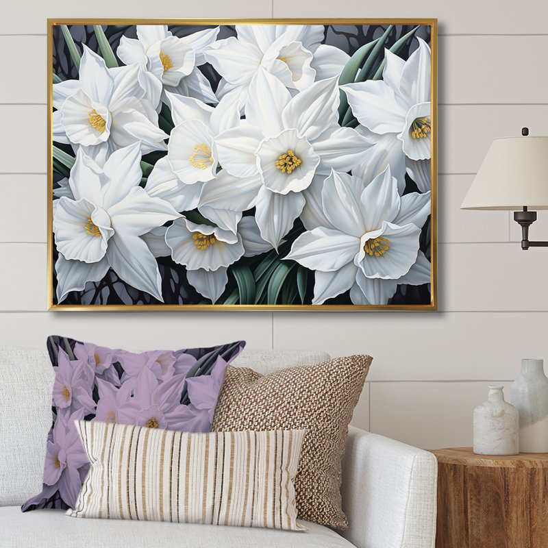 Minimalisme, jonquilles blanches I sur toile, H 24 po x l 32 po x P 1 po, Cadre flottant doré