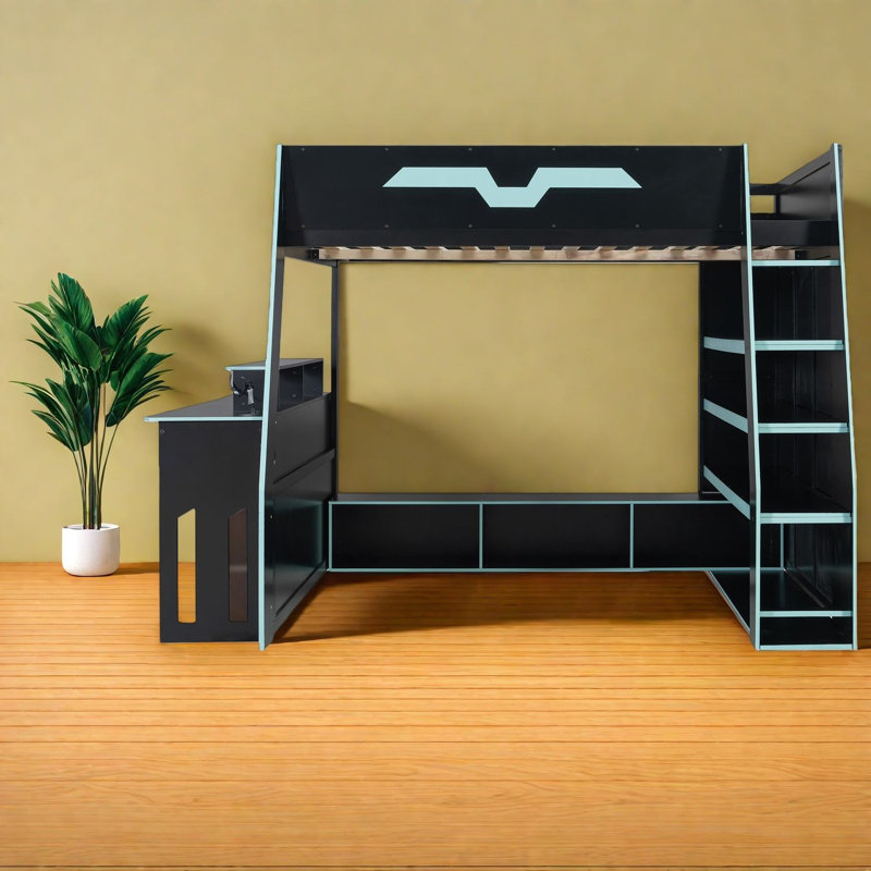 Lit mezzanine en bois compact avec bureau multifonctionnel de style bleu moderne
