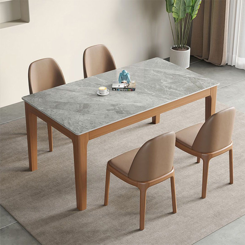 Grey+Tan Rectangular Stone+Solid Wood Dining Table, 29.53"H x 55.12"L x 31.5"W
