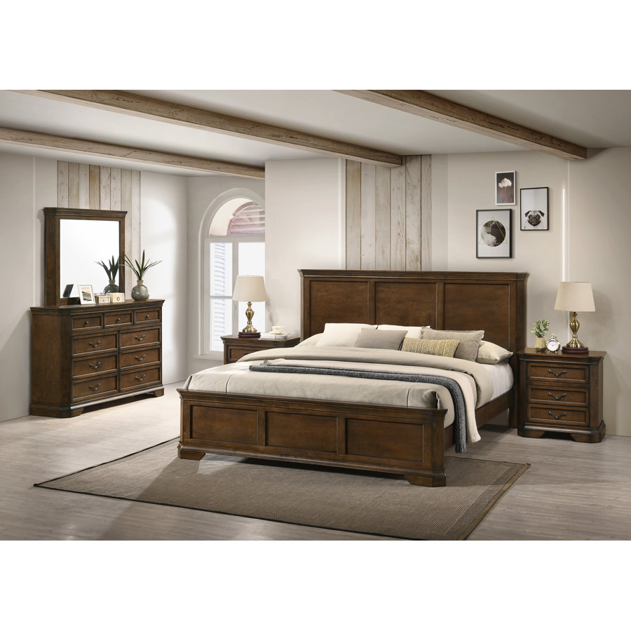 Ailany Traditional Wood Panel Bed With Dresser, Mirror, Two Nightstands, Antique Walnut Finish