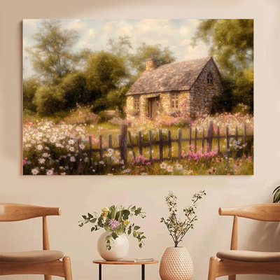 2D Flat, 1Pc Framed Canvas Wall Art, Countryside Cottage, Stone-Built House with Flowers, Impressionist Landscape Style Art Print Canvas Poster Painti