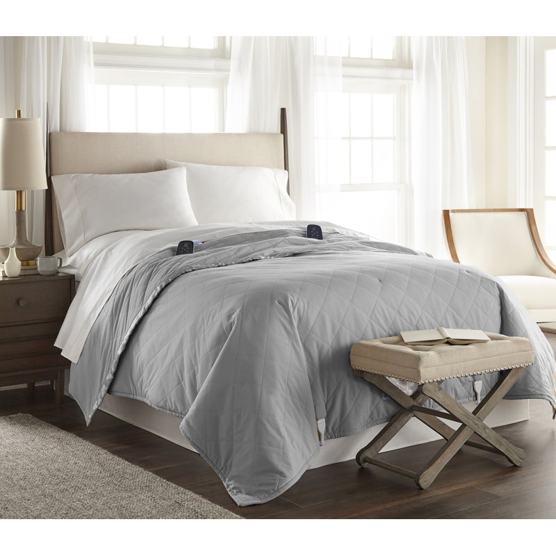 Gray Twin Micro Flannel Electric Heated Blanket with Satin Hem