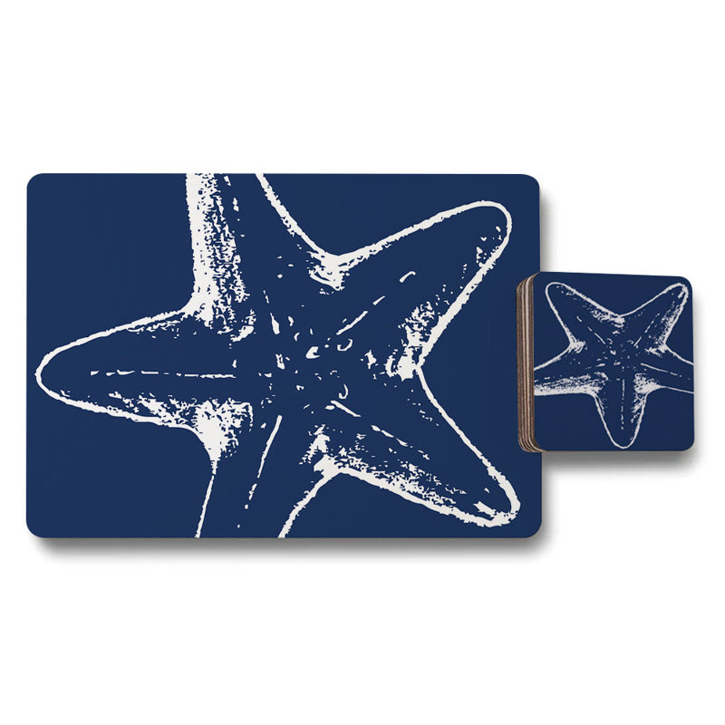 Starfish Navy Placemat Coaster Set Wood Bottom Edition