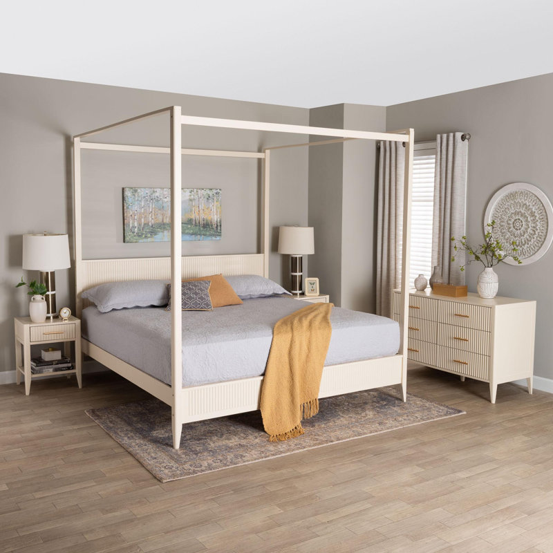 Ensemble de chambre à coucher 4 pièces pour grand lit en bois cannelé Wooley, Ivoire