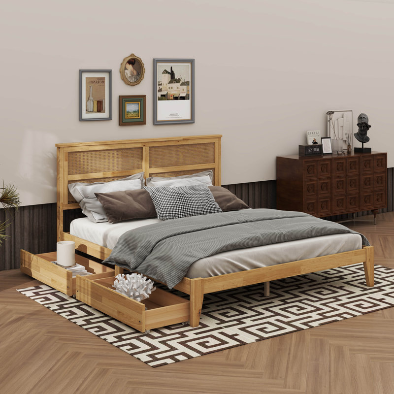 Lit avec tête de lit en rotin, deux tiroirs de rangement, lit en bois d'hévéa avec support et pieds améliorés, Chêne blanc