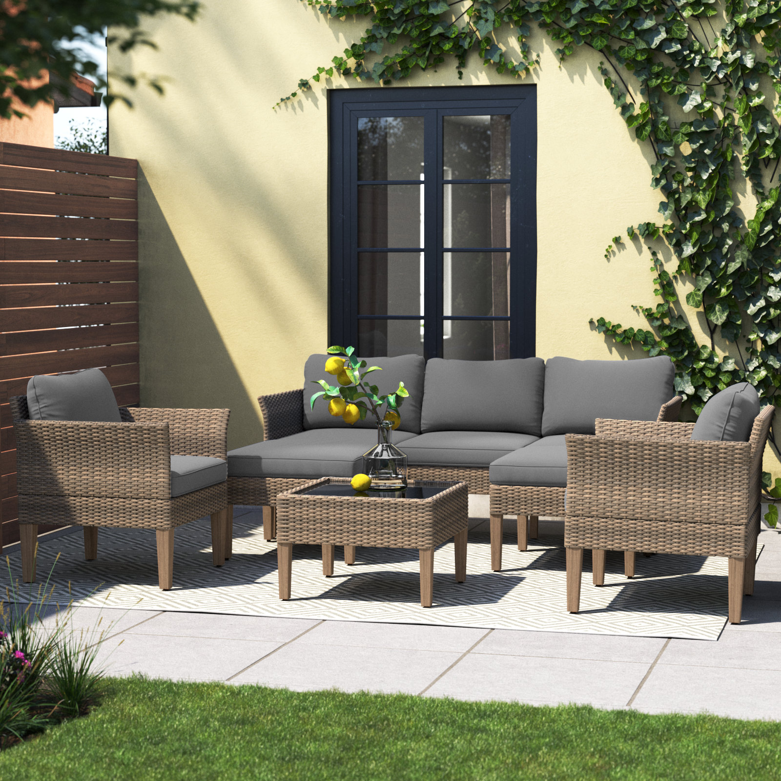 Annancy 6-Piece Outdoor Conversation Set with Sofa and Club Chairs in Mixed Brown Wicker (Set of 6) Lark Manor Cushion Color: Stone