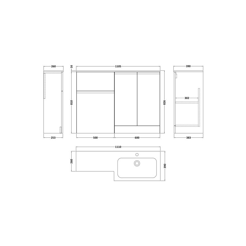 Hudson Reed Urban 1100mm Right-Hand 2 Door Satin Grey Floor Standing Combination Unit With Stone Basin, Satin Blue