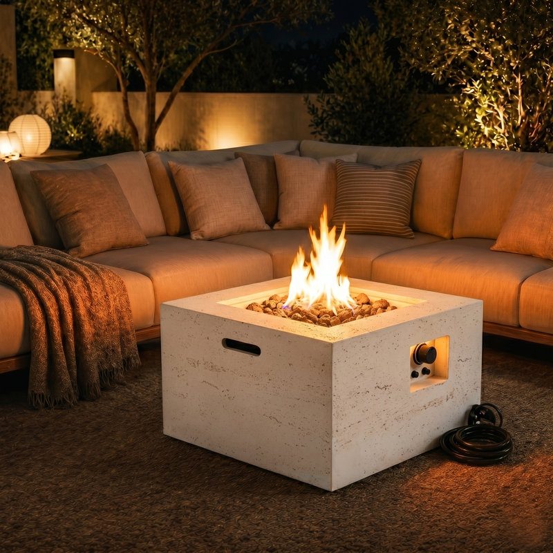 Foyer d'extérieur carré au gaz 40 000 BTU avec flamme réglable, pierres de lave et couvercle, Beige