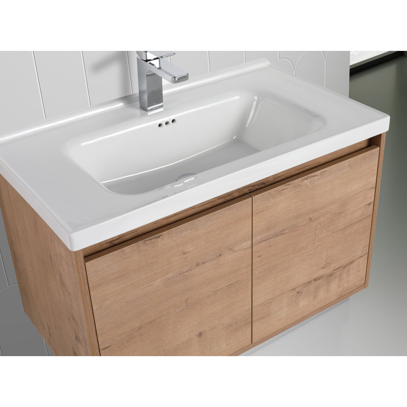 Meuble-lavabo flottant mural 32 po avec lavabo en céramique intégré, Naturel