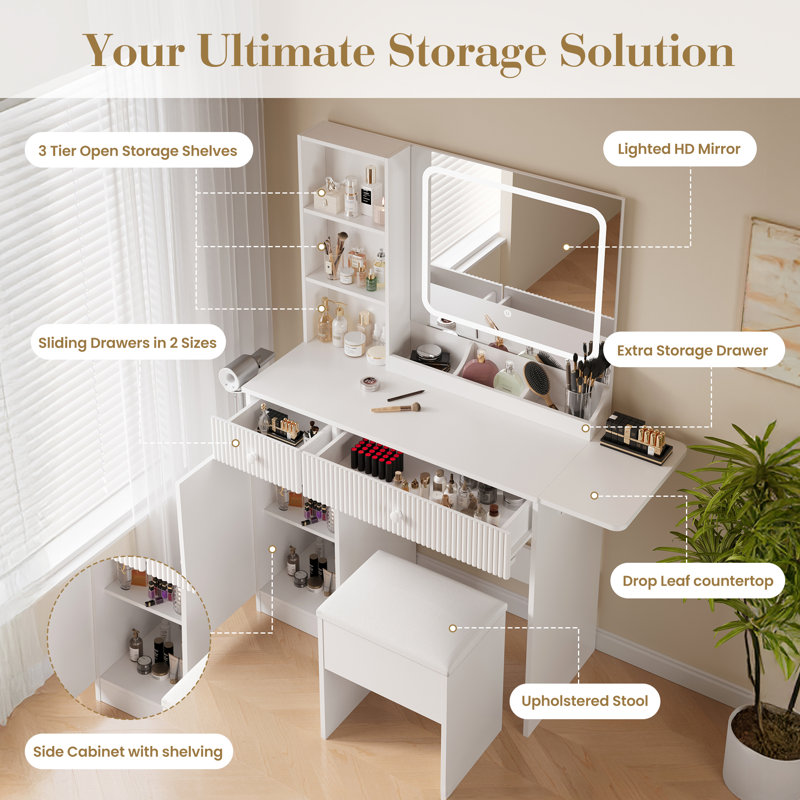Meuble-lavabo de bureau pliable avec miroir lumineux, éclairage DEL réglable et multiprise intégrée, White
