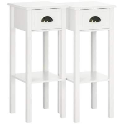 Red Barrel Studio® 2 Tier Side Table, Set Of 2, Narrow Tall End Table With Drawer And Shelf, Slim Wooden Nightstand For Living Room, Bedroom, Hallway, White