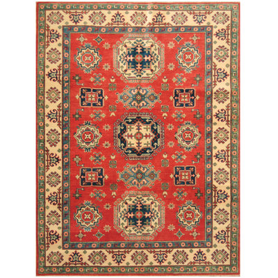 Tapis en laine rouge/beige 5 pi 7 po x 7 pi noué la one-of-kind main Jevon