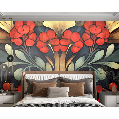 Papier peint botanique rétro Art nouveau - coquelicots rouges et art mural symétrique, style floral élégant