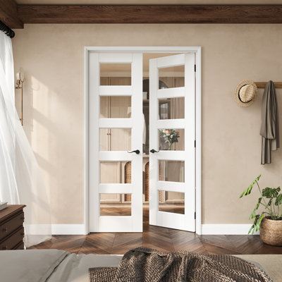 Porte française en verre transparent de 48 po x 80 po à 5 lumières avec loquets noirs, plaque de porte en verre transparent avec cadre, porte intérieure française comme porte de garde-manger, porte de chambre à coucher, porte de buanderie, portes de placard, portes de chambre, loquet et levier de porte inclus