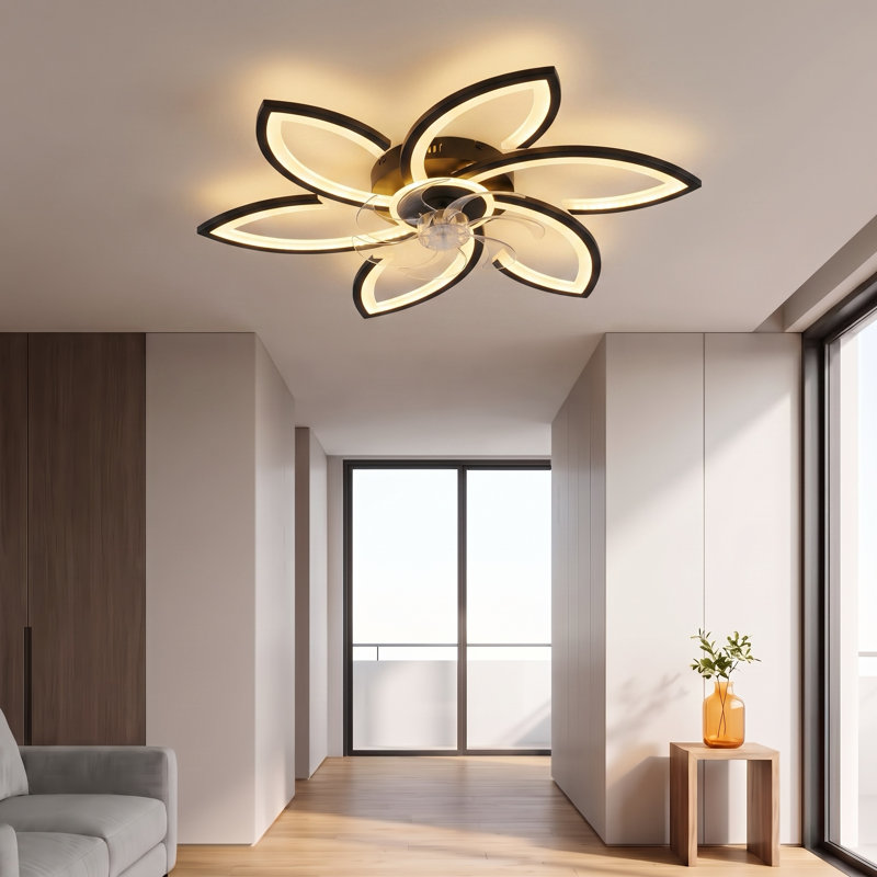 30.5" Modern 6-Head Flower Flush Mount Ceiling Fan with LED Light (Black)