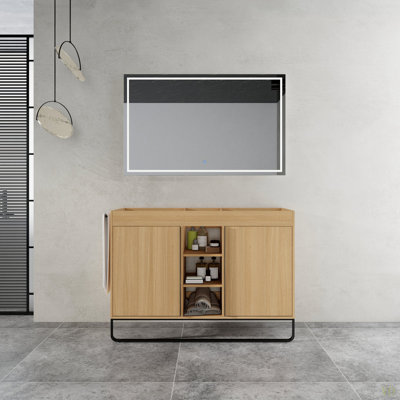 Armoire de salle de bain autoportante 48 po, 2 portes à fermeture douce et 3 tablettes de rangement ouvertes, emballage KD (meuble-lavabo seulement, sans lavabo)