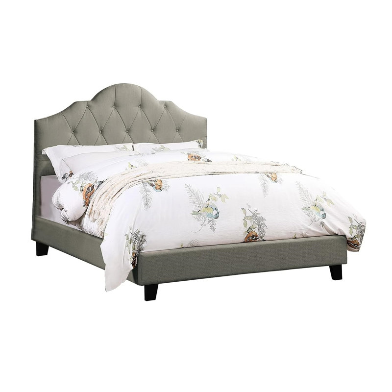 Lit double avec tête de lit tapissier, tissu gris, lit moderne confortable pour la chambre à coucher, tête de lit arquée et structure en bois